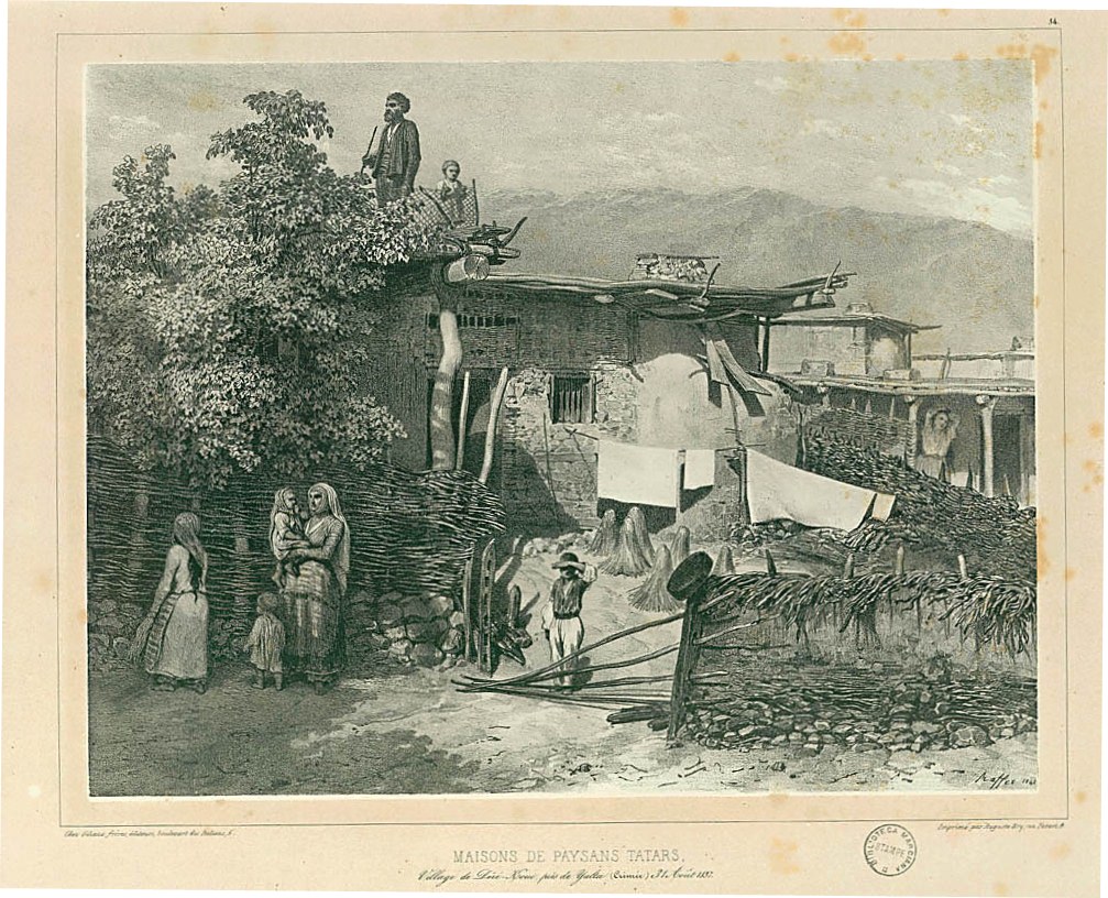 Дома крымскотатарских жителей Дерекоя. Рисунок Огюста Раффе. 1837-1841 гг
